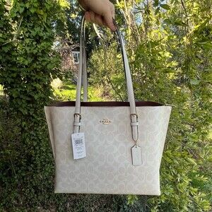 COACH Mollie Tote Bag Womens Large White Signature Logo Handbag w Gold Hardware